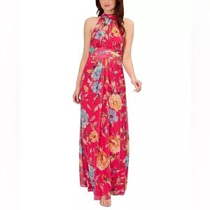 Adrianna Papell Pink Multi Chiffon Halter Floral Gown 0 NWT